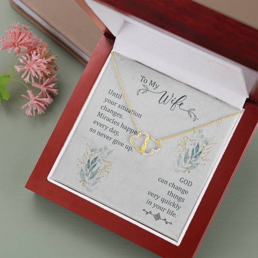 To my Wife-Until Your Situation Changes Message Card Necklace, To Wife from Husband Gift Necklace, Solid Gold Hearts Necklace with Diamonds