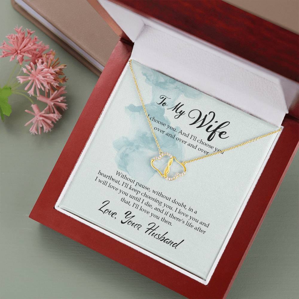 To My Wife-I Choose You Message Card Necklace, To Wife from Husband Gift Necklace, Solid Gold Hearts Necklace with Diamonds