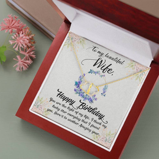 Birthday Message Card Necklace for Wife, To Wife from Husband Gift Necklace, Solid Gold Hearts Necklace with Diamonds
