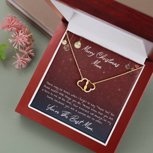 MERRY CHRISTMAS MOM - CARD 10K Yellow Gold Hearts Necklace with 18Pave Set Diamonds