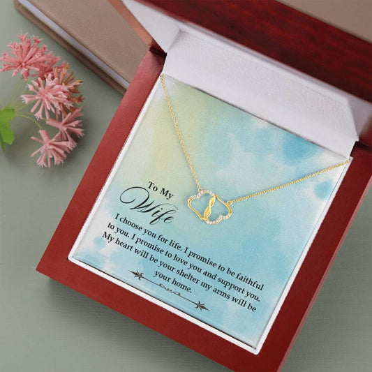 To my Wife - I Choose You for Life Message Card Necklace, To Wife from Husband Gift Necklace, Solid Gold Hearts Necklace with Diamonds