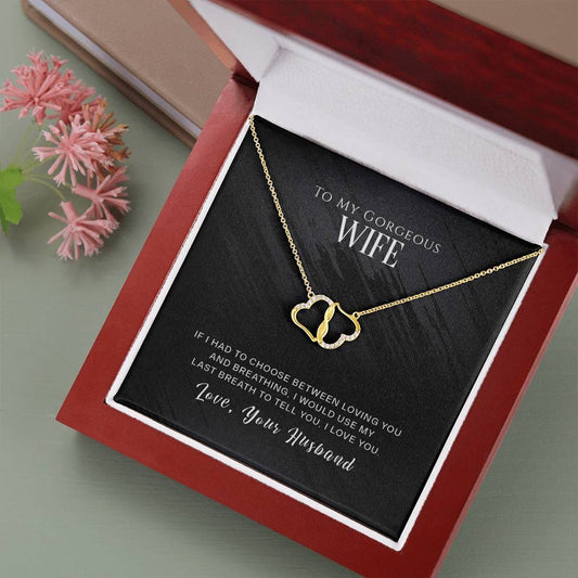 To My Gorgeous Wife Gift Necklace, Infinitely Connected Pair of 10K Solid Yellow Gold Hearts, Anniversary Gifts for Wife, Birthday Gifts for Wife