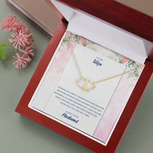 I Choose You Message Card Necklace For Wife, To Wife from Husband Gift Necklace, Solid Gold Hearts Necklace with Diamonds