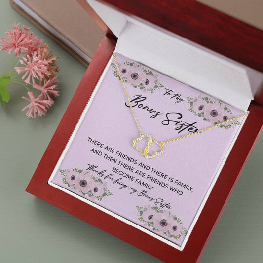 TO MY BONUS SISTER - CARD 10K Yellow Gold Hearts Necklace with 18Pave Set Diamonds