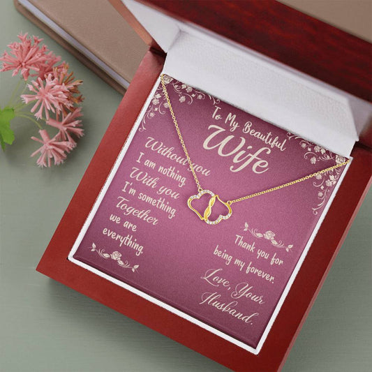 To My Beautiful Wife- Without You I am Nothing Message Card Necklace, To Wife from Husband Gift Necklace, Solid Gold Hearts Necklace with Diamonds