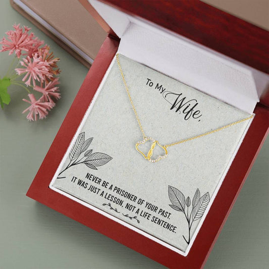 To my Wife-Never be a Prisoner Message Card Necklace, To Wife from Husband Gift Necklace, Solid Gold Hearts Necklace with Diamonds