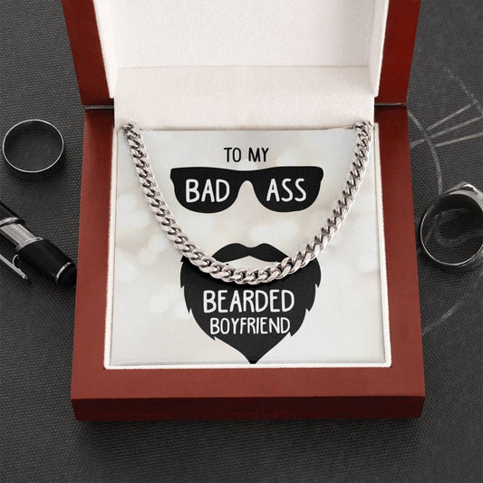 To My Badass Bearded Boyfriend, Cuban Link Chain Necklace, 14K Yellow Gold Over Stainless Steel