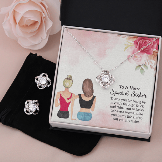 To My Sister Gift Necklace, special sister Love Knot Earring & Necklace Set