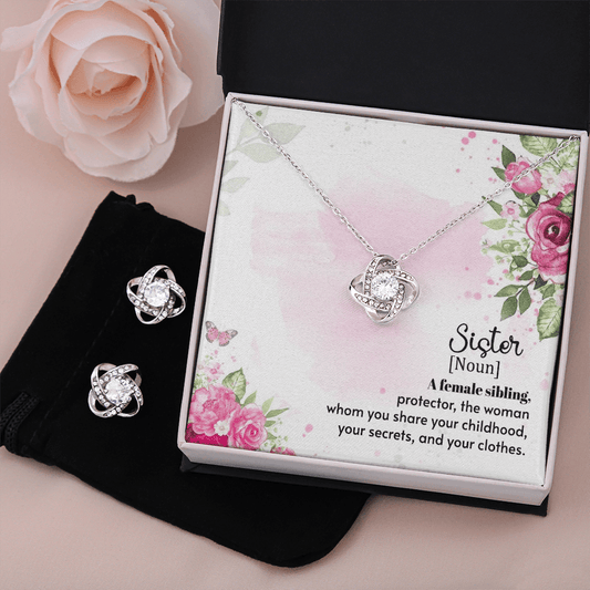 Sister Definition, A female Sibling Love Knot Earring & Necklace Set