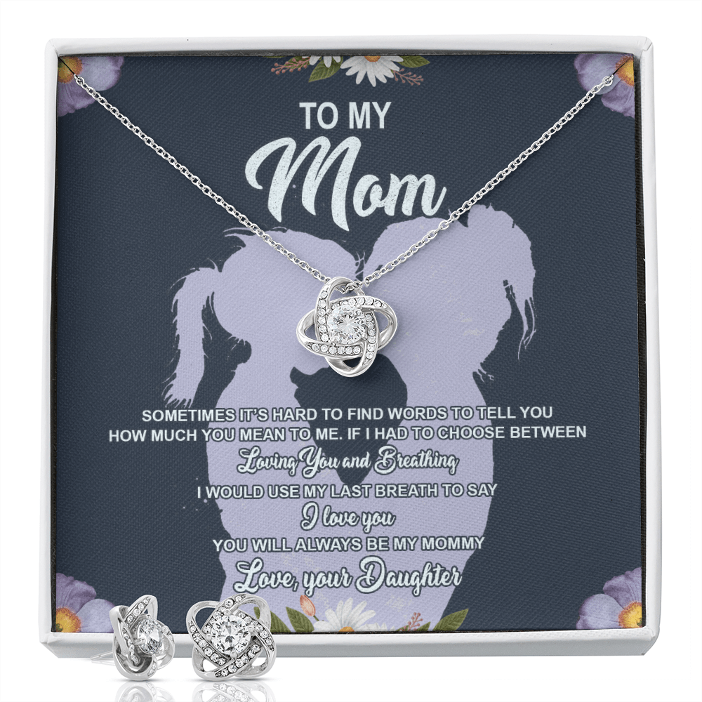To My Mom Message Card Necklace, SOMETIMES IT'S HARD - CARD Love Knot Earring & Necklace Set