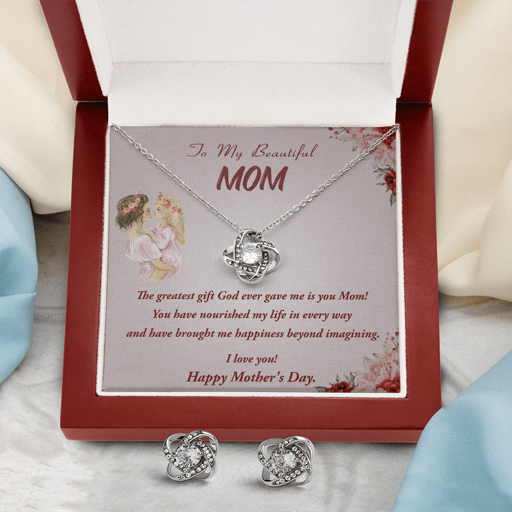 To My Beautiful Mom Gift Necklace and Earring Set, Mother's Day Gift from Daughter, Message Card Necklace for Mom