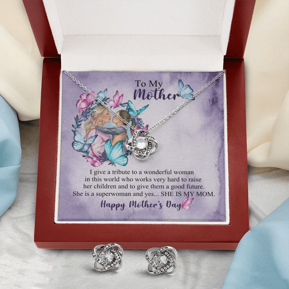 To My Mother Necklace, Mothers Day Gift Necklace  Love Knot Earring & Necklace Set
