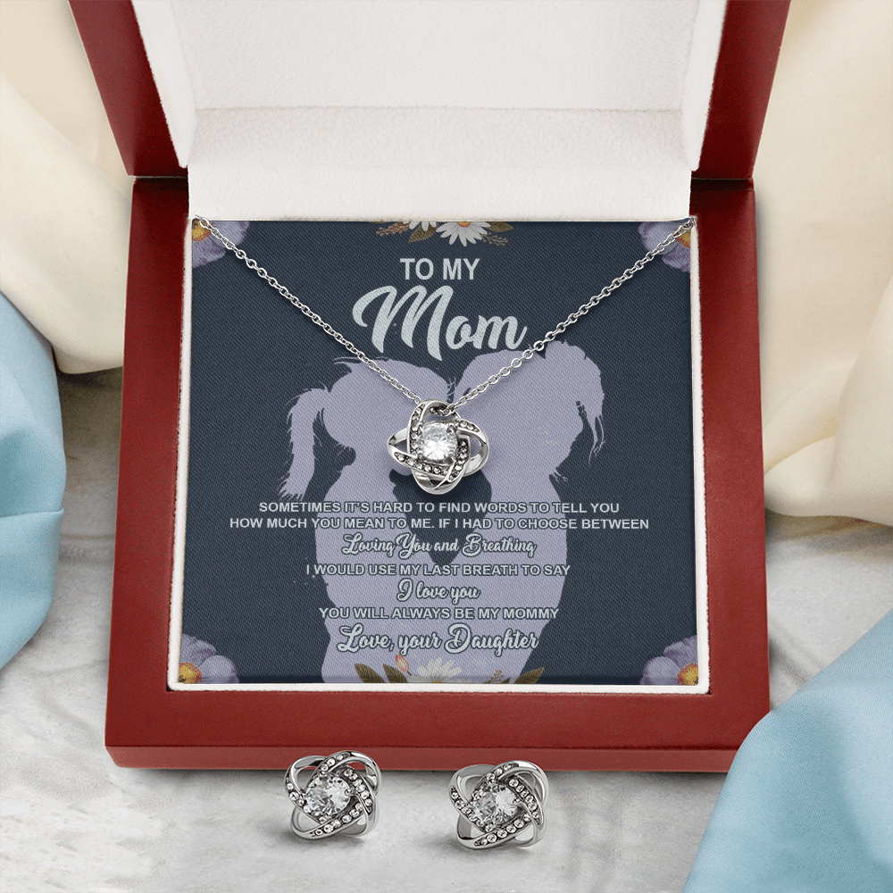 To My Mom Message Card Necklace, SOMETIMES IT'S HARD - CARD Love Knot Earring & Necklace Set