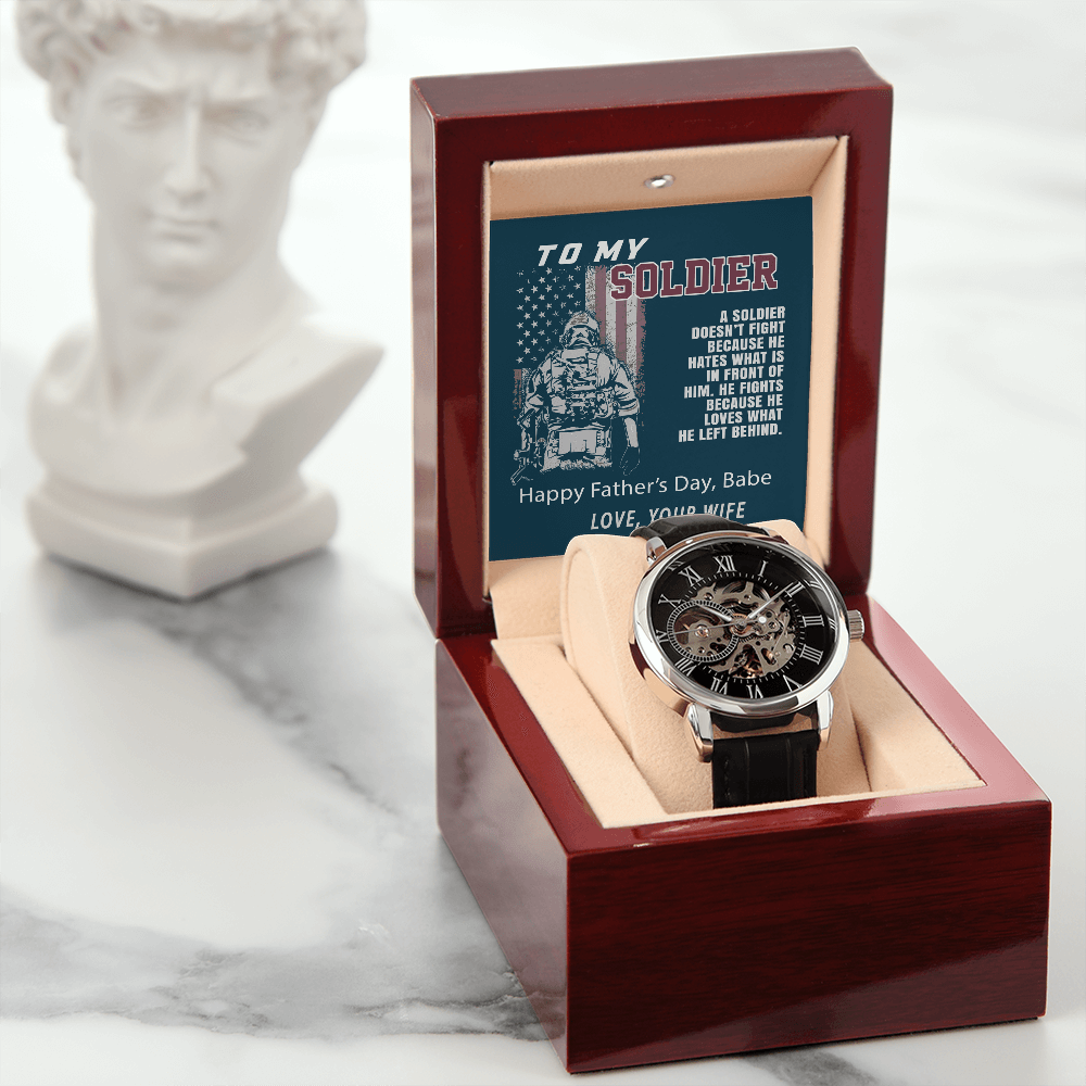 To My Soldier Watch with Message Card, Openwork Watch for Soldier Dad, Father's Day Gift for Military Dad, Father's Day Gift Watch from Wife