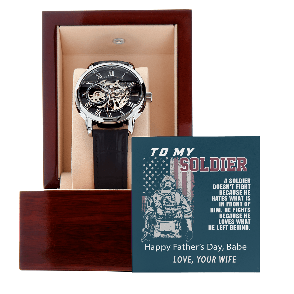 To My Soldier Watch with Message Card, Openwork Watch for Soldier Dad, Father's Day Gift for Military Dad, Father's Day Gift Watch from Wife