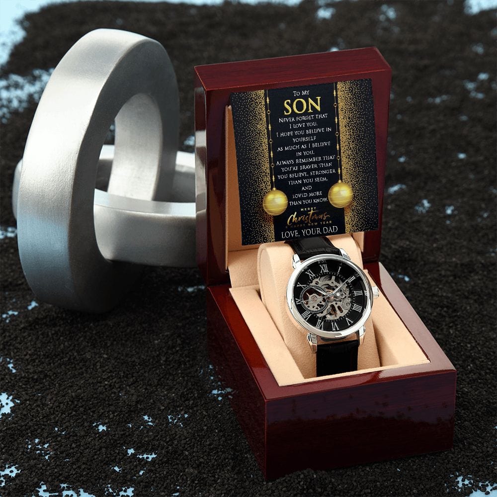 To My Son Gift Watch from Dad / Openwork Watch with Christmas Message Card for Son