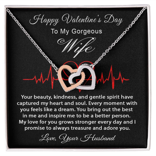 Happy Valentine's Day Gift Necklace To My Gorgeous Wife, Interlocking Hearts Necklace for Wife from Husband, To My Wife Necklace