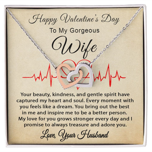 Happy Valentine's Day Gift Necklace To My Gorgeous Wife, Interlocking Hearts Necklace for Wife from Husband, To My Wife Necklace