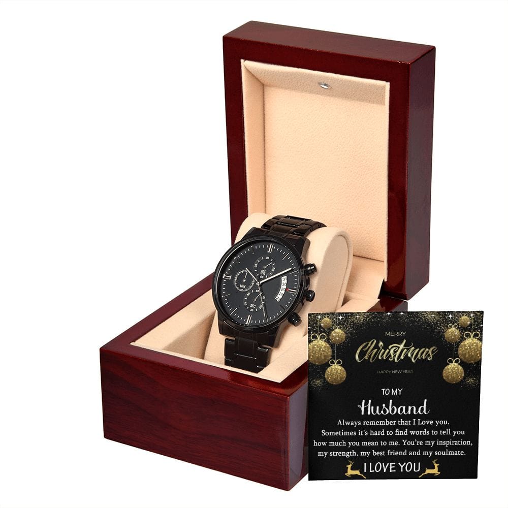 To My Husband Gift Watch with Christmas Message /  Black Chronograph Watch for Husband