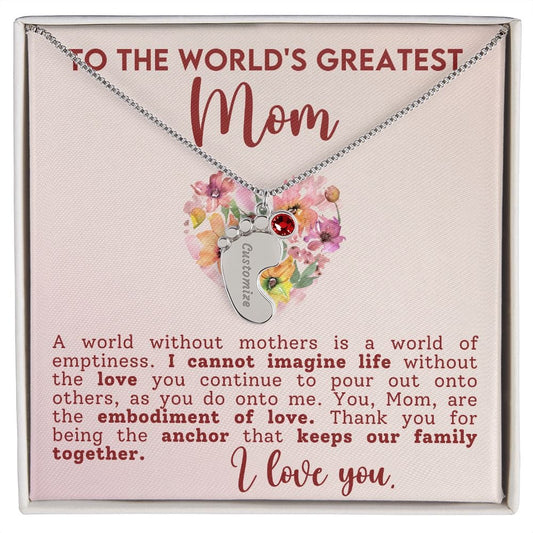 ToThe World's Greatest Mom Gift Necklace, Custom Baby Feet Necklace with Birthstone