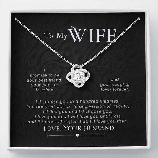 To my wife- I promise Love Knot Necklace / To Wife From Husband / 14k White Gold Over Stainless Steel Love Knot Necklace