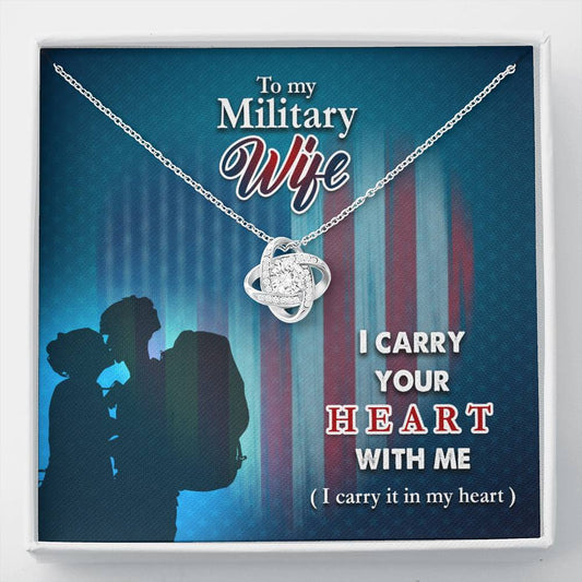 I carry your heart- Military Wife Love Knot Necklace / To Wife From Husband / 14k White Gold Over Stainless Steel Love Knot Necklace