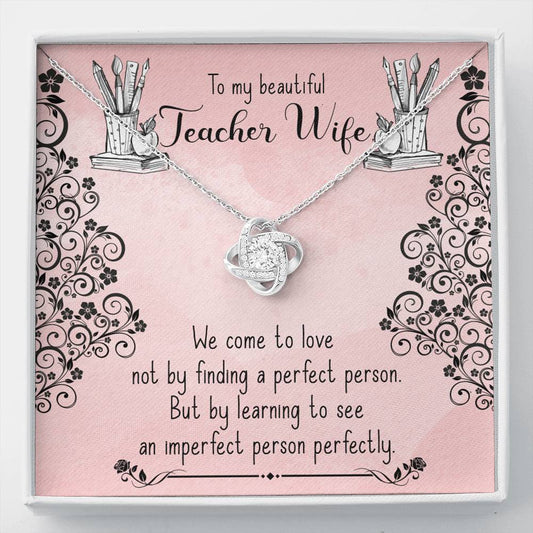 Teacher wife Love Knot Necklace / To Wife From Husband / 14k White Gold Over Stainless Steel Love Knot Necklace