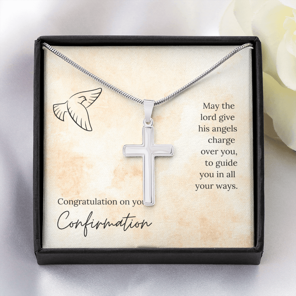 His Angels Charge Over You Artisan Crafted Cross Necklace with Message Card