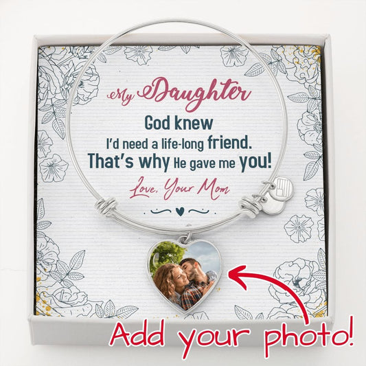 To My Daughter Gift, Photo Upload on Heart Pendant and Bangle with Message Card